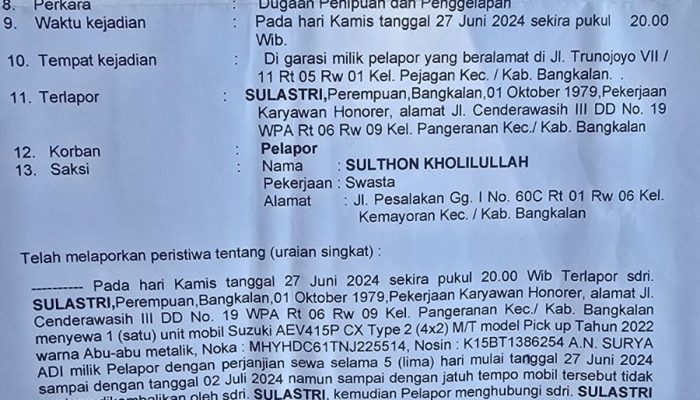 Hampir Setahun Berlalu, Pelapor Pertanyakan Kinerja Polres Bangkalan dalam Kasus Dugaan Penipuan Mobil Rental Libatkan Dua Oknum Pejabat