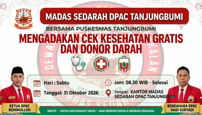 Madas Sedarah DPAC Tanjungbumi Gelar Cek Kesehatan Gratis dan Donor Darah, Ini Waktu dan Tanggalnya 